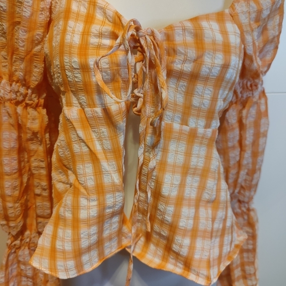 Orange Plaid Boho Blouse | Bell Sleeve Lace-Up Top - Picture 7 of 7